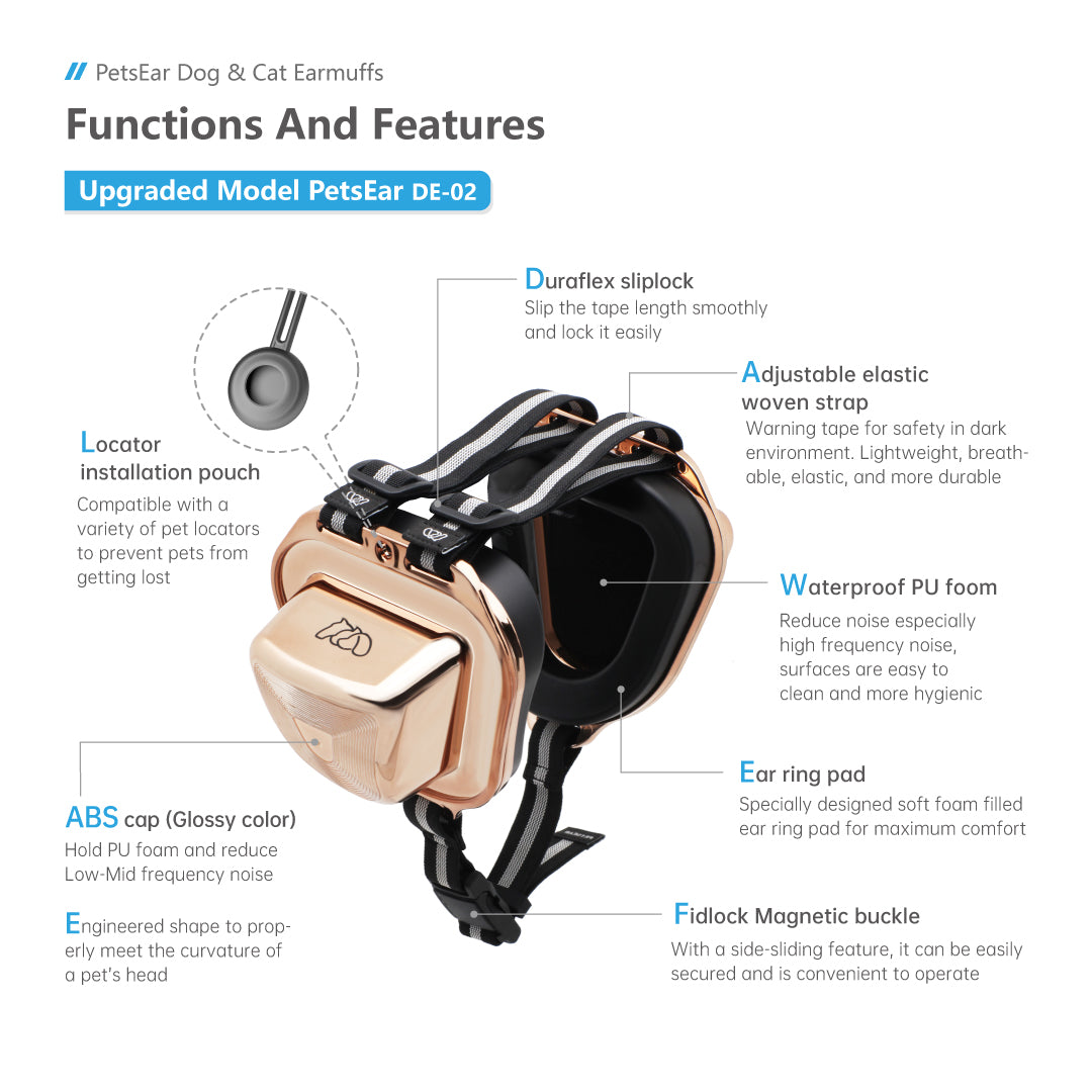 Close-up of gold pet ear muffs, featuring an adjustable strap for secure fit, durable ABS frame, and soft PU foam padding for comfort. Showcasing metallic finish and functional design.