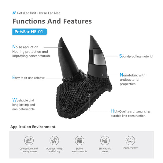 Close-up of the Horse Ear Net, showcasing its durable nanofabric construction with antibacterial properties. Features include noise reduction for improved concentration, and washable, non-deformable design