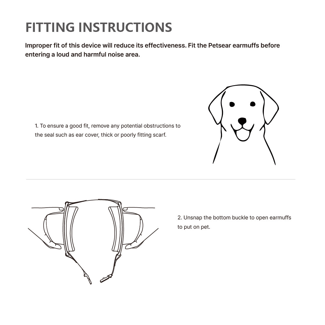 Step-by-step guide demonstrating how to properly fit pet ear muffs，Shows correct alignment for optimal noise protection