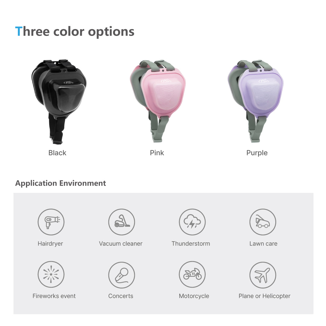 Pet ear muffs available in three metallic colors: black, pink and purple. Made with soft, comfortable materials for a secure and cozy fit.