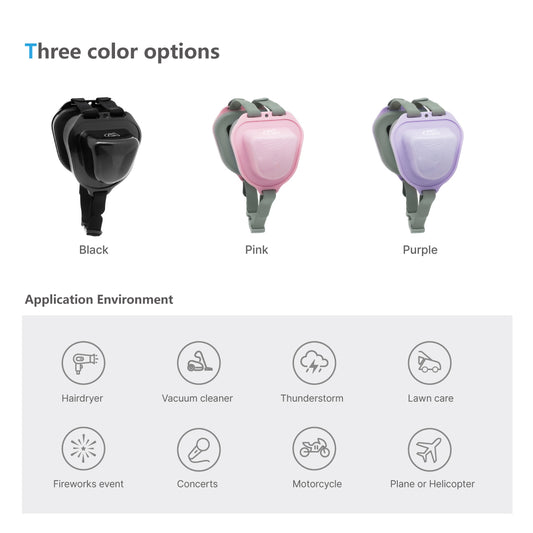 Pet ear muffs available in three metallic colors: black, pink and purple. Made with soft, comfortable materials for a secure and cozy fit.