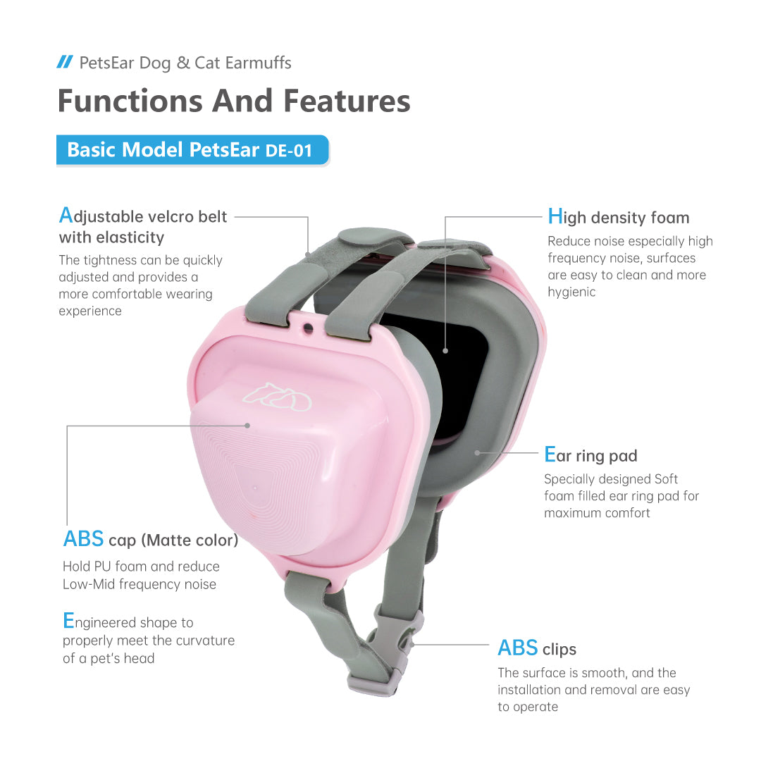 Close-up of pink pet ear muffs, featuring an adjustable velcro belt for secure fit, durable ABS frame, and soft padding for comfort. functional design