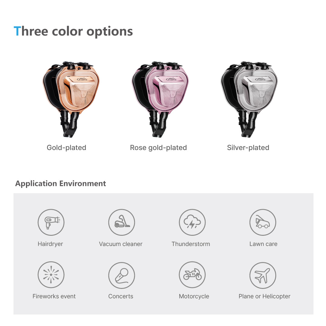Pet ear muffs available in three metallic colors: gold, silver, and rose gold. Made with soft, comfortable materials for a secure and cozy fit