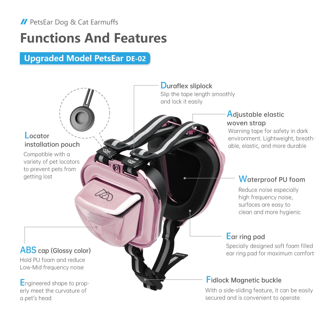 Close-up of rose gold pet ear muffs, featuring an adjustable strap for secure fit, durable ABS frame, and soft PU foam padding for comfort. Showcasing metallic finish and functional design.
