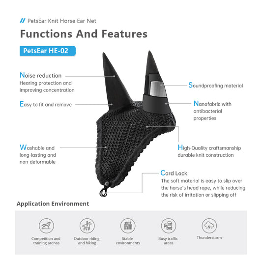 Close-up of the Horse Ear Net, showcasing its durable nanofabric construction with antibacterial properties. Features include noise reduction for improved concentration, an adjustable cord lock for secure fit, and washable, non-deformable design
