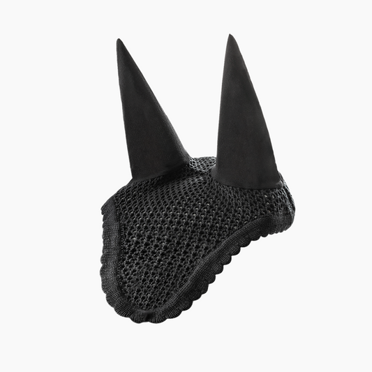 Black horse ear net designed for noise reduction and hearing protection, featuring breathable mesh lining,  The sleek black design provides a discreet fit for training, competitions, or stressful environments like thunderstorms.