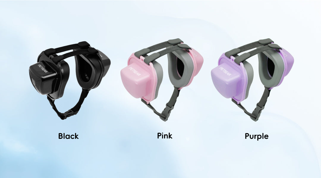 PetsEar eamuffs in three color options: black, pink, purple.