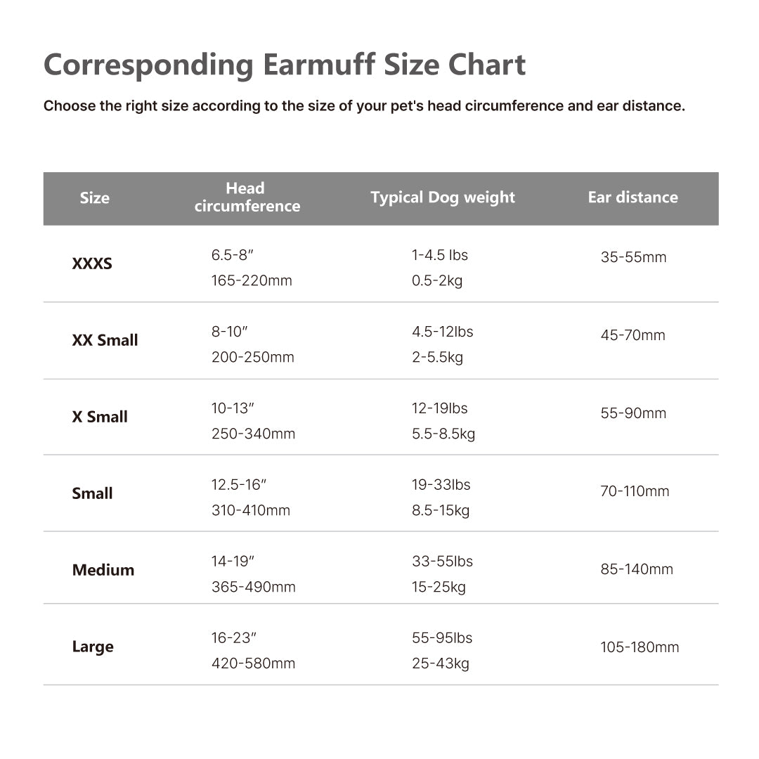 Size guide for pet ear muffs, showing measurement chart and recommended sizes to ensure a perfect fit
