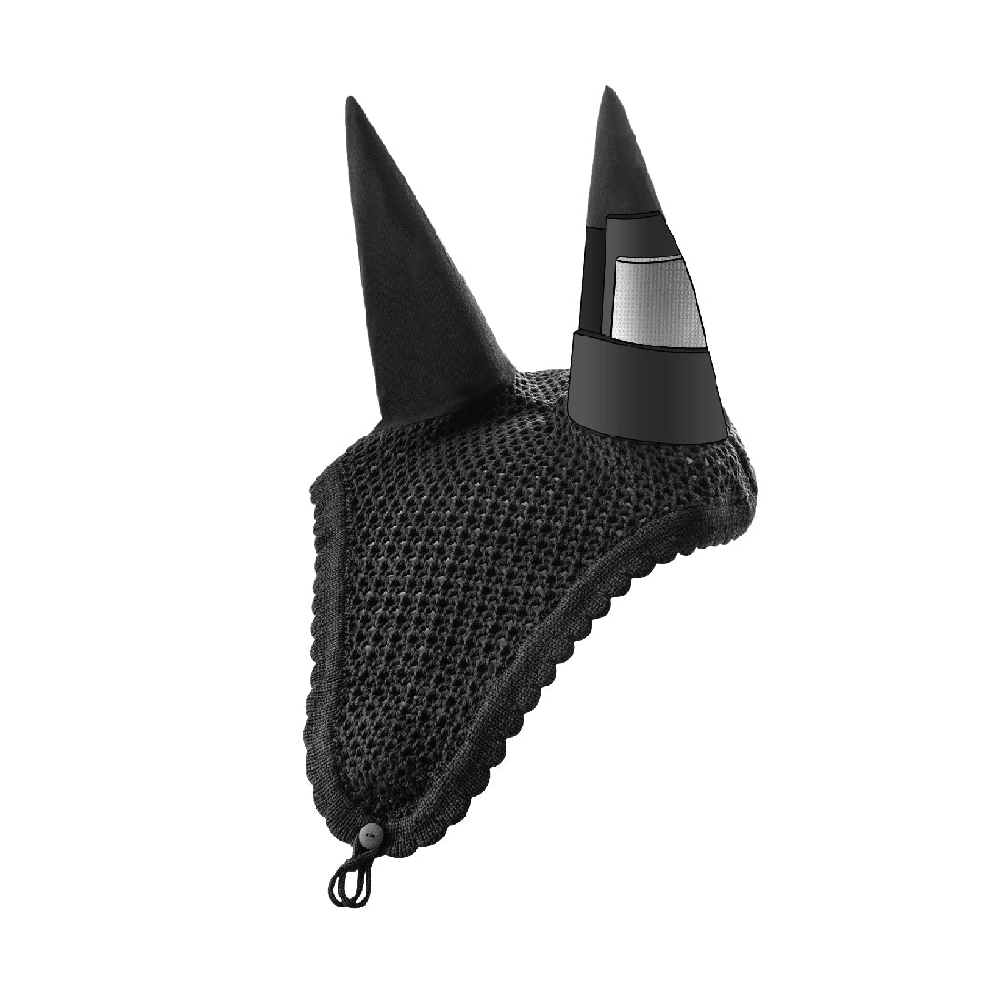 Black horse ear net designed for noise reduction and hearing protection, featuring breathable mesh lining,  The sleek black design provides a discreet fit for training, competitions, or stressful environments like thunderstorms.