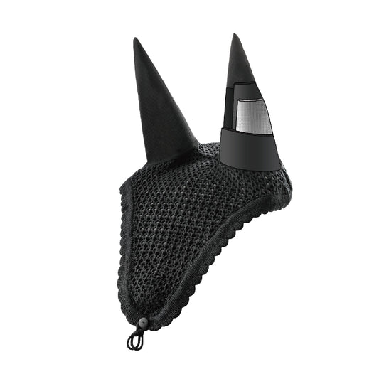 Black horse ear net designed for noise reduction and hearing protection, featuring breathable mesh lining,  The sleek black design provides a discreet fit for training, competitions, or stressful environments like thunderstorms.